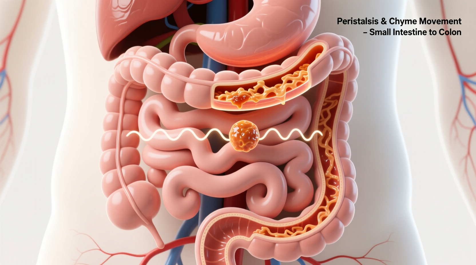 Digestive system showing food movement through intestines