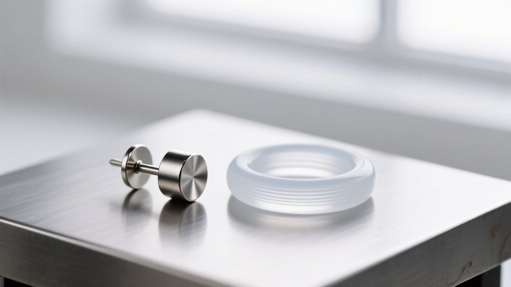 Macro shot of an 18-gauge titanium earring post beside a clear silicone support O-ring on a sterile steel jeweler's tray.