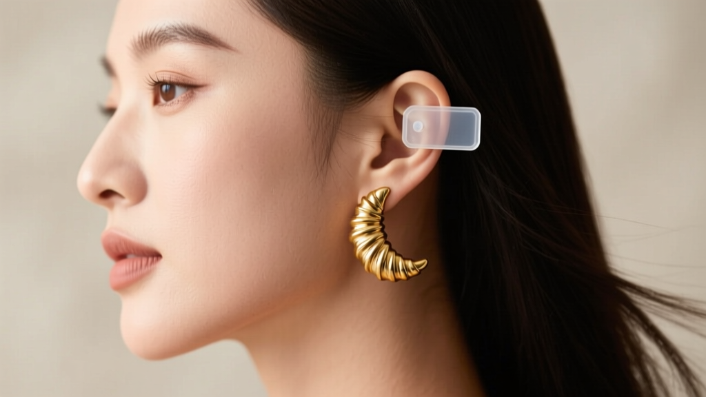 Side profile of a woman wearing gold croissant earrings, featuring a clear silicone earring support patch behind her earlobe.