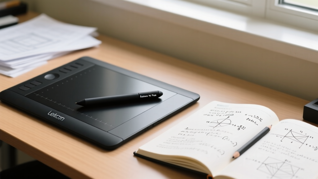 Close-up of an engineering students desk showing a Wacom Bamboo Ink Plus stylus resting on a graphing tablet next to a complex calculus notebook.