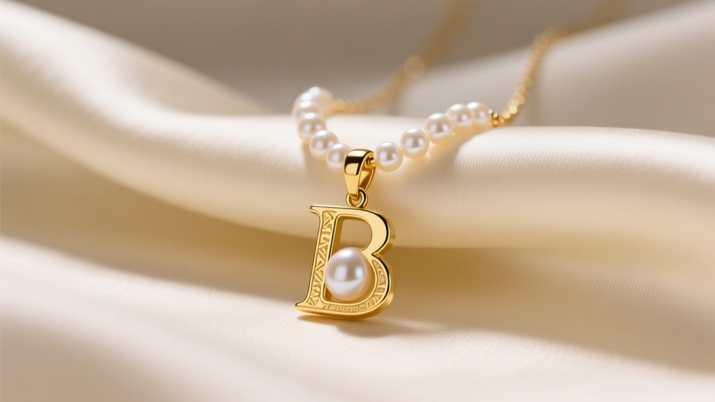 14k yellow gold initial pendant layered with a delicate freshwater pearl choker on cream silk fabric under soft studio lighting