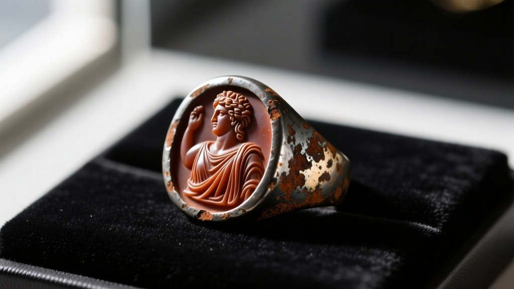 Close-up of a Roman iron signet ring showing oxidation and a carved carnelian intaglio, displayed on a dark velvet museum pad.