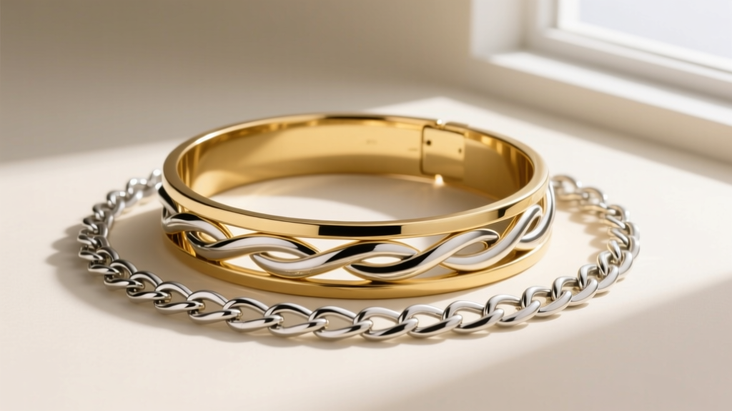 Studio shot of a rigid 16-inch gold collar layered with a 22-inch silver chain, showing mixed-metal layering without tangling.