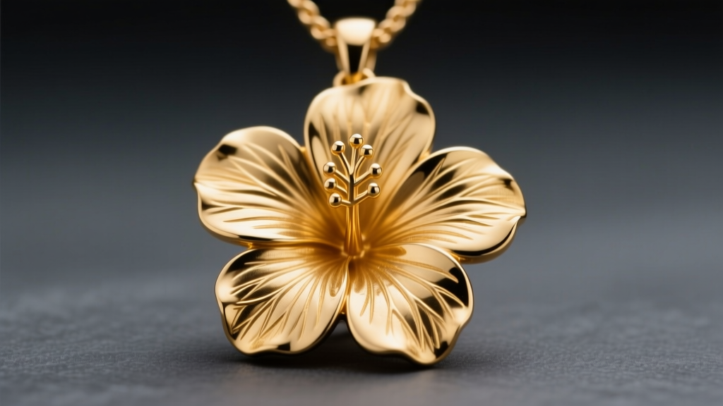 Macro shot of a lost-wax cast 14k gold hibiscus pendant showing detailed stamen and petal veins against a dark slate background