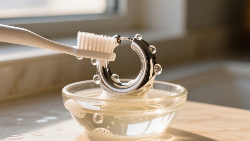 Soft toothbrush cleaning the inside curve of a thick silver donut hoop earring in a small glass bowl of warm soapy water.