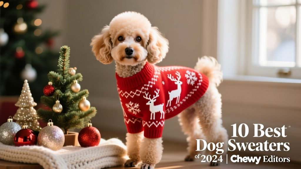A small poodle wearing a festive red Christmas sweater with reindeer and snowflake motifs, posed beside holiday decorations