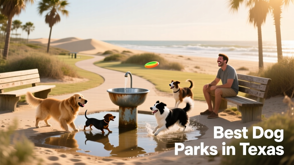 A coastal dog park with sandy paths, shaded benches, and dogs playing near a water station