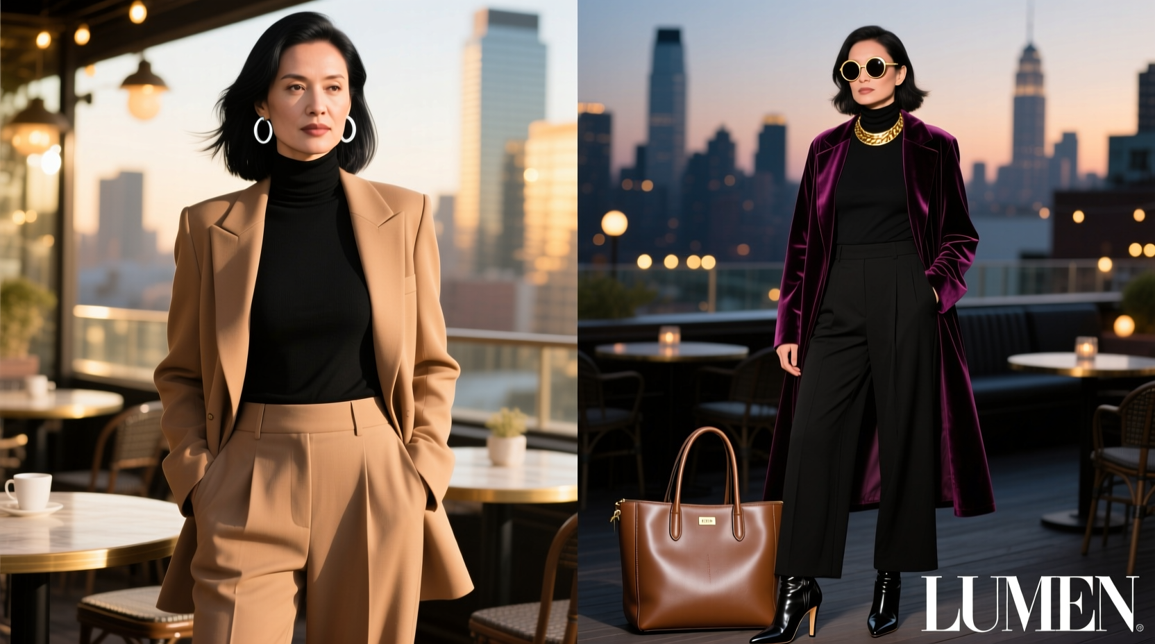 how to accessorize a black turtleneck for daytime and evening looks