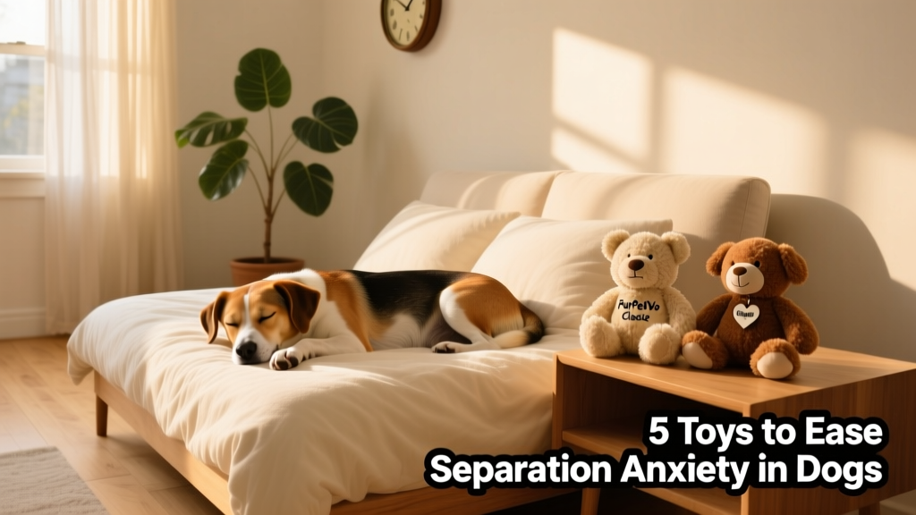 A cozy, sunlit room with a dog resting on a soft bed beside a FurPetVo Classic toy and a Snuggle Puppy toy
