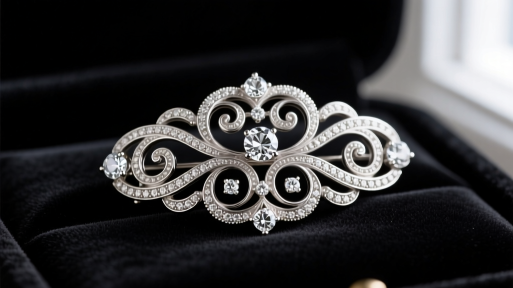 Macro photography of an Edwardian platinum and diamond millegrain brooch resting on dark velvet, highlighting intricate filigree.