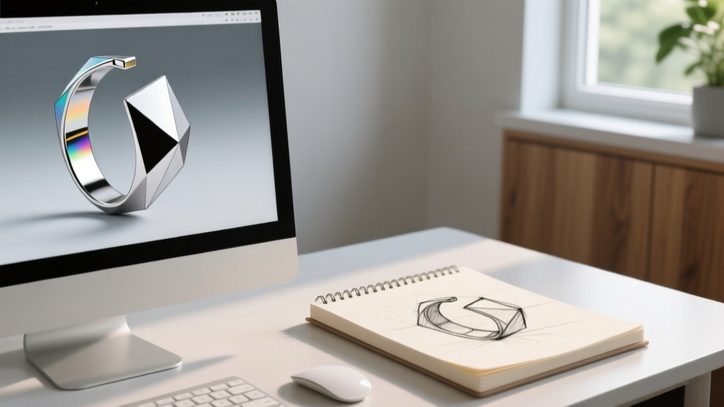 Computer screen showing a 3D CAD rendering of a geometric ear cuff next to the original hand-drawn earrings drawing sketch.