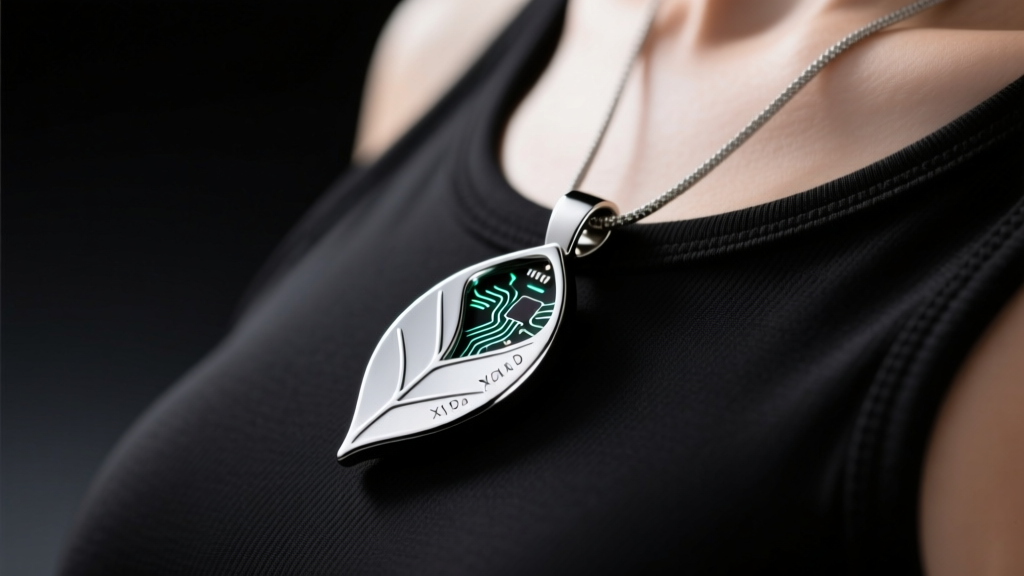 Close-up of a sleek leaf-shaped smart fitness pendant against a black tank top, highlighting the smooth metallic sensor details