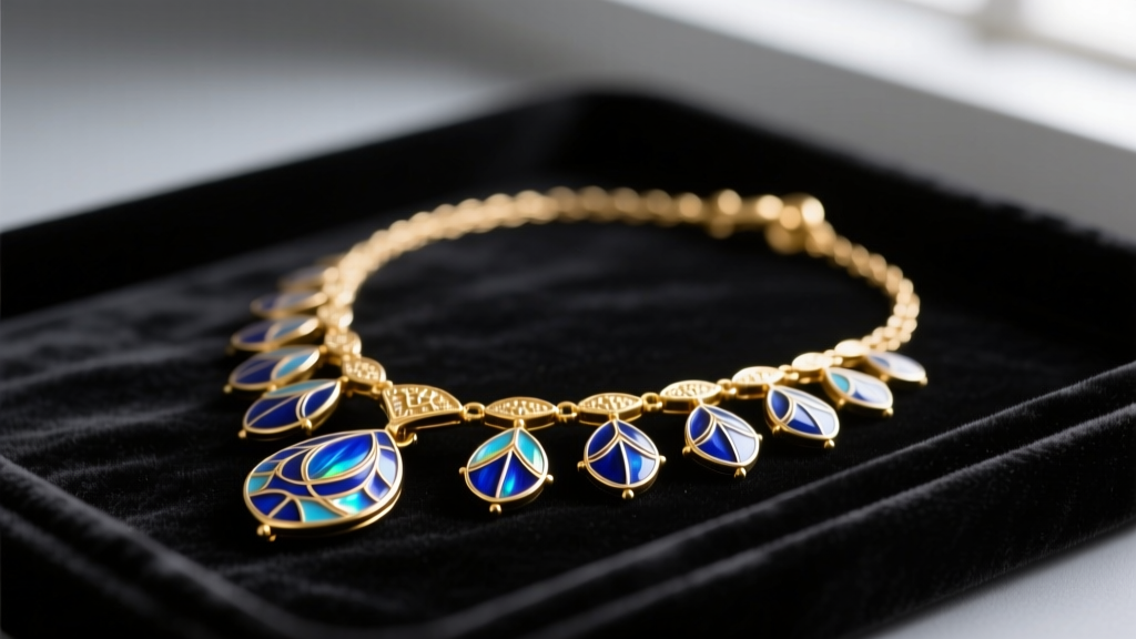 Close-up of a vintage 1930s 18k gold festoon necklace with delicate blue guilloché enamel pendants resting on a dark velvet tray