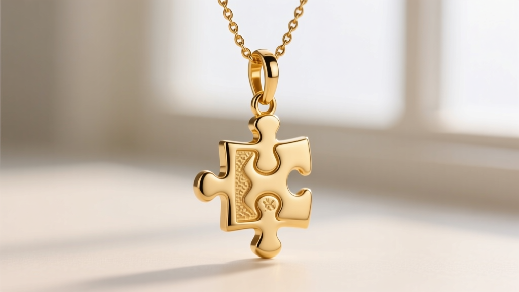 Macro shot of a 14k gold vermeil puzzle piece pendant on a 1.2mm cable chain, highlighting the soldered jump ring attachment.