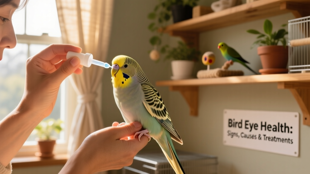 Bird owner administering saline eye rinse to a calm budgie under gentle restraint