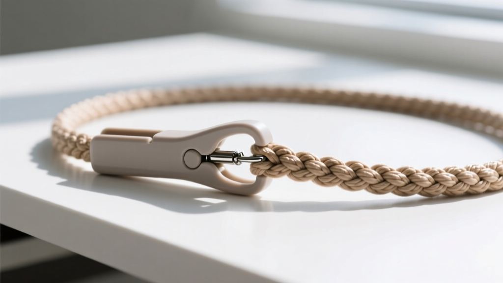 Close-up of a plastic pinch-release breakaway clasp separating on a braided cotton emergency necklace against a clean white desk.