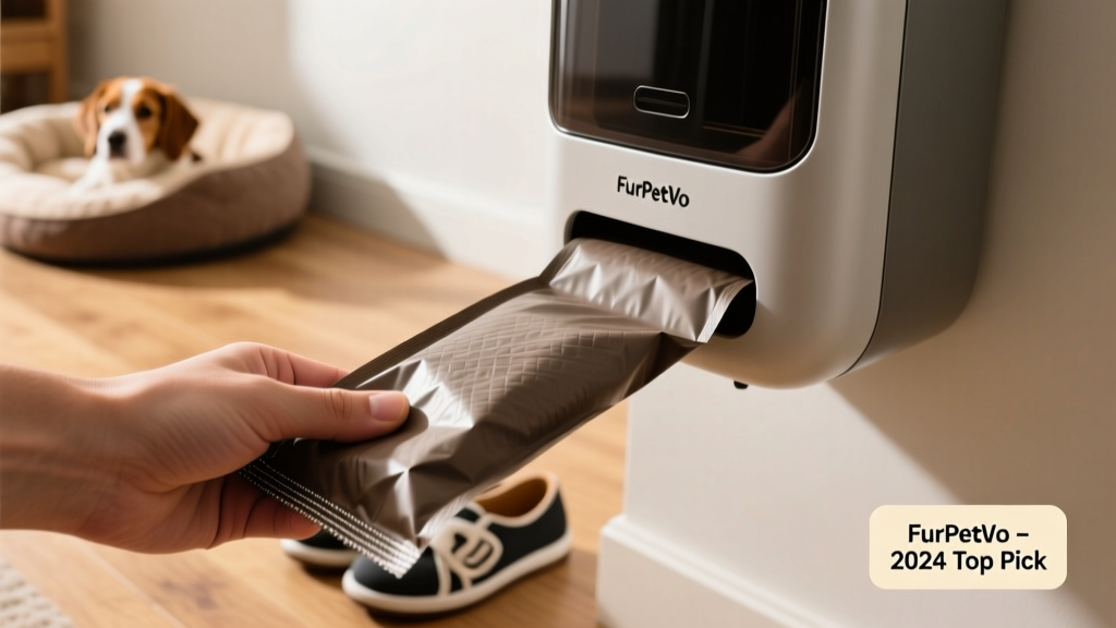 Close-up of FurPetVo bags being pulled from a dispenser, showing smooth unrolling and secure grip