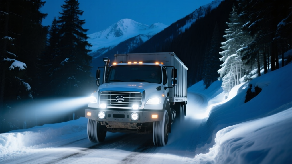 A truck driving through a snowy mountain pass at night, illuminating the trees with bright auxiliary LED light pods mounted on the bumper.