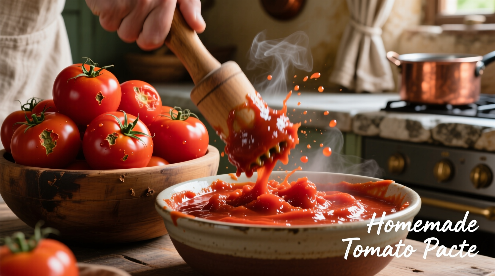 Fresh tomatoes being processed into thick tomato paste