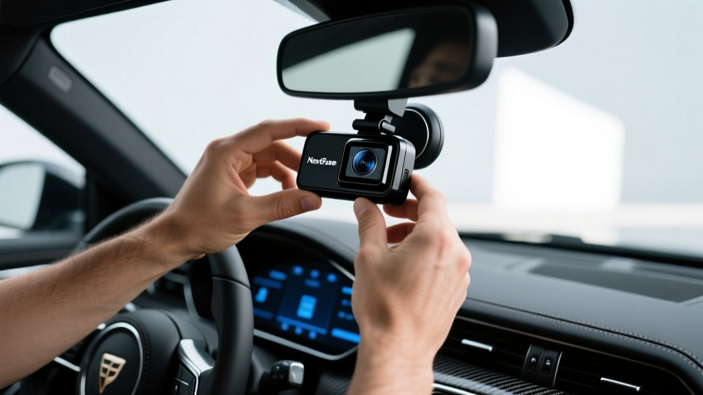 Close-up of a man's hands mounting a Nextbase 622GW 4K dash cam to the windshield of a modern black sports car interior