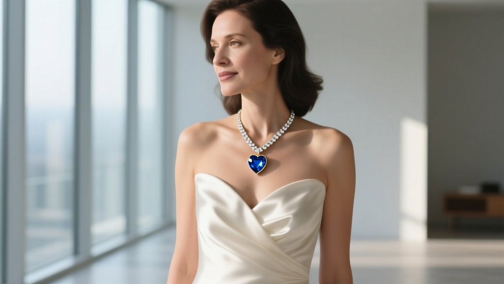 Woman wearing a white gold box chain with a blue topaz heart pendant, paired with a sweetheart neckline silk evening gown.