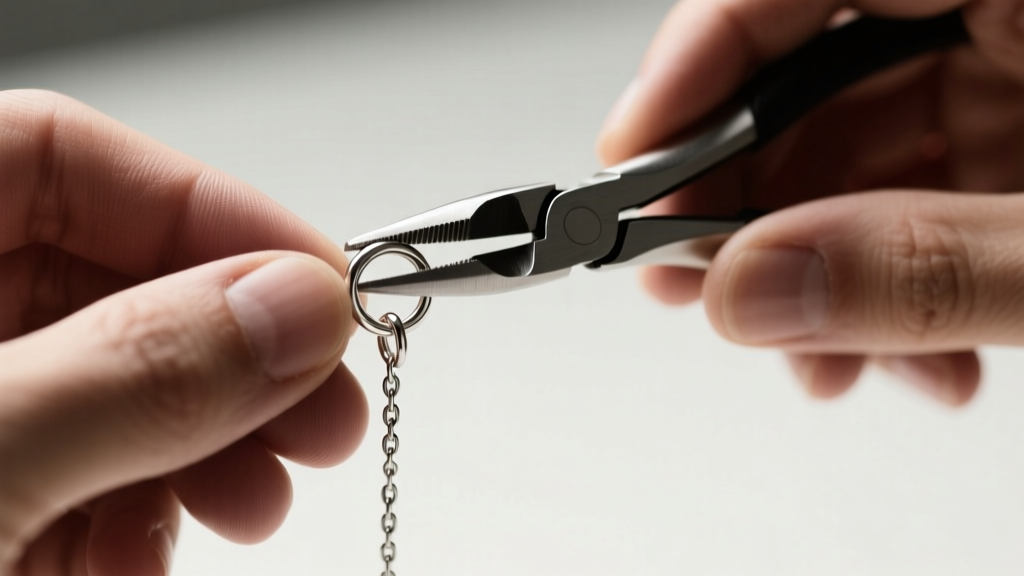 Close-up of jeweler hands using flat-nose pliers to twist open a 20-gauge sterling silver jump ring on a delicate cable chain.