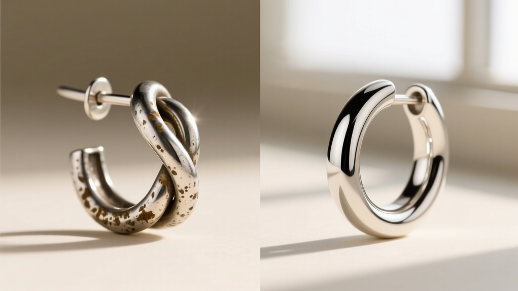 A side-by-side macro comparison showing a tarnished bare sterling silver knot earring on the left and a bright, polished Argentium silver knot earring on the right