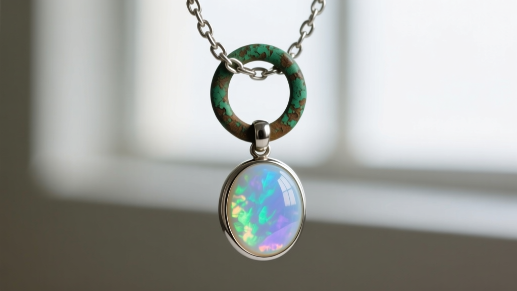 Macro shot of a tarnished jump ring connecting a delicate silver-plated chain to an opalite pendant, showing green oxidation