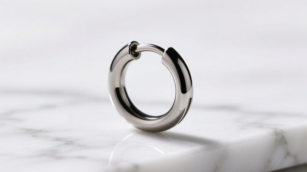 Side profile of a machined titanium 18g huggie clicker hoop with secure hinge mechanism displayed on a clean white marble surface