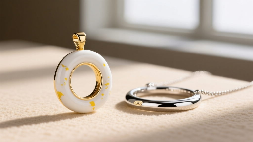 Close-up of a white gold halo pendant showing faint yellowing beside a bright platinum halo necklace on a beige backdrop