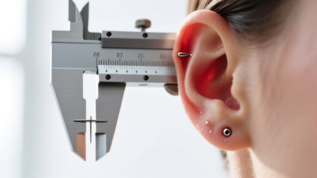 Macro photography of a silver caliper measuring the exact millimeter distance between two freshly pierced lower earlobe holes