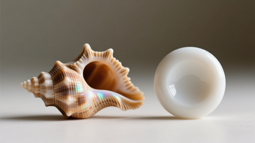 Macro view of an asymmetrical genuine puka shell with a conical hole beside a perfectly round, uniformly thick plastic fake.