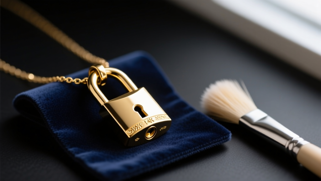 Close-up of a polished 14k gold padlock pendant necklace on a dark velvet cleaning mat with a soft bristle brush beside it.
