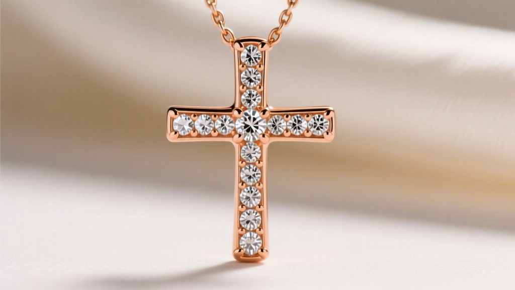 Macro shot of a rose gold cross pendant showing pave set melee diamonds, highlighting the warm copper alloy and sparkling facets.