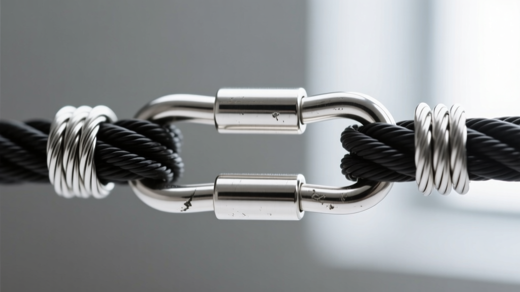 Macro shot of a sterling silver three-strand tube clasp securing nylon-coated steel wire, showing crimp beads and wire guards