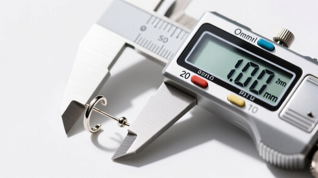 Digital caliper measuring a 1mm post length on a 20-gauge titanium flat back earring designed for sensitive child earlobes