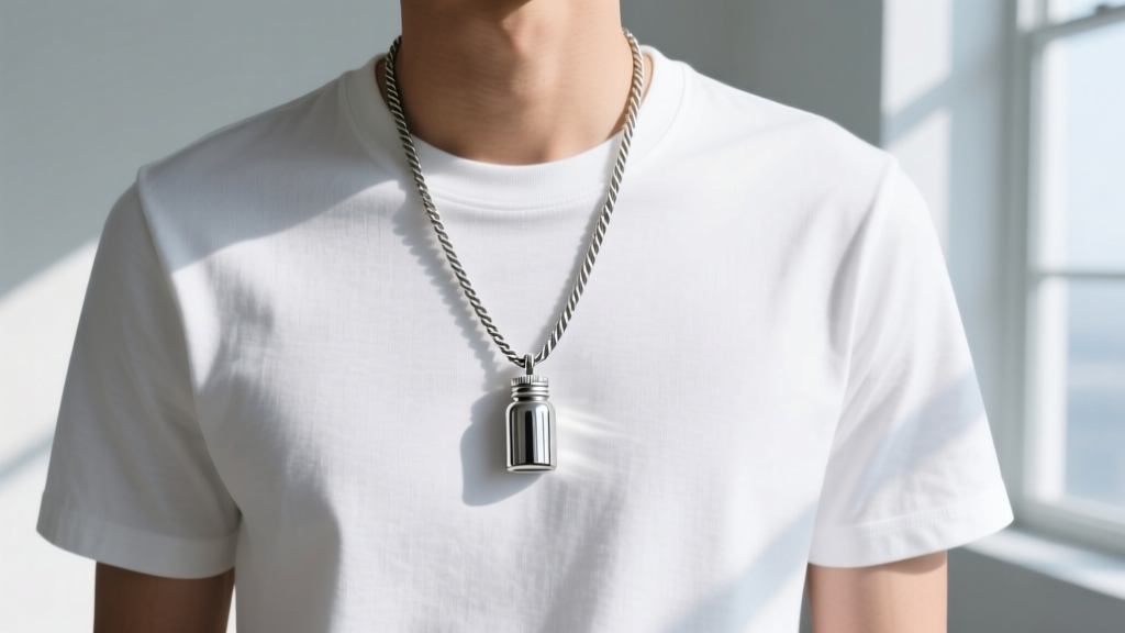 Model wearing a stainless steel rope chain holding a sealed bottle cap pendant over a plain white t-shirt in natural sunlight.