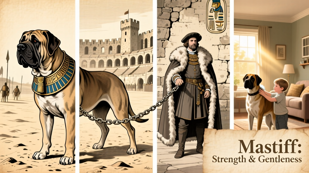 Historical illustration-style image showing mastiffs in various eras: ancient Egypt, Roman arena, medieval England, and modern family setting