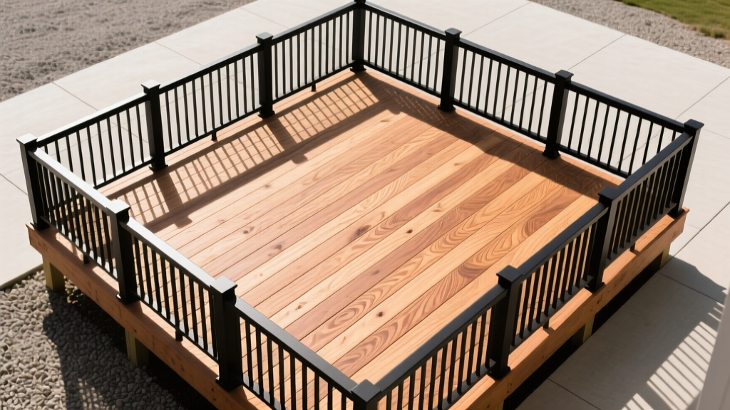 Top-down view of a newly stained 12x12 pressure-treated pine small deck, highlighting detailed wood grain and black aluminum railings
