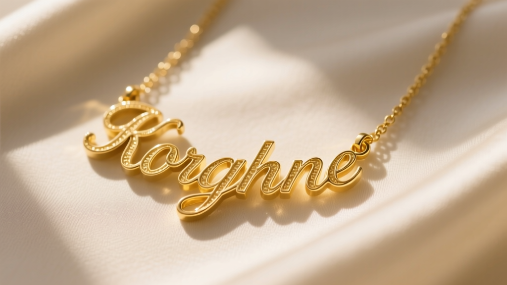 Bold serif personalized name necklace in 14k yellow gold on cream silk fabric, top-down view with soft directional morning light.