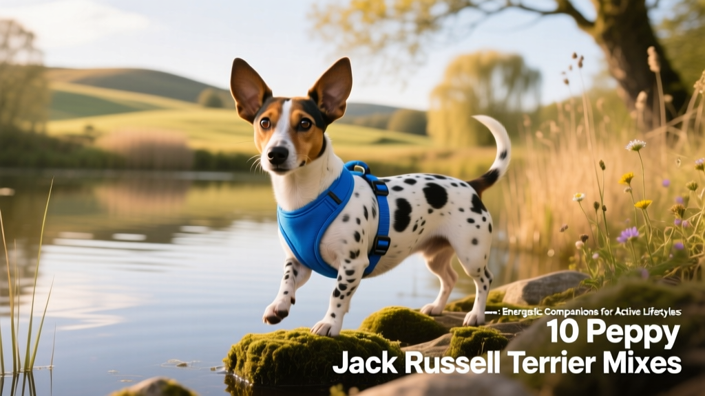 jack russel terrier dachshund mix with russell ears wearing a blue harness near a body of water