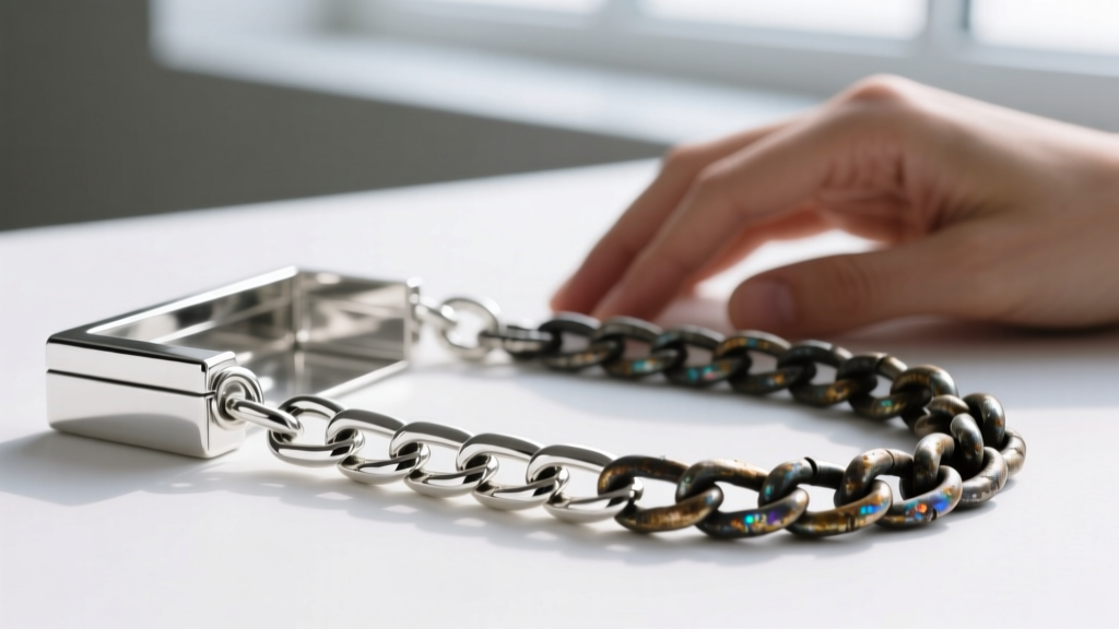 Macro view of a rhodium-plated sterling silver box chain next to a tarnished chain, showing metal durability for active kids