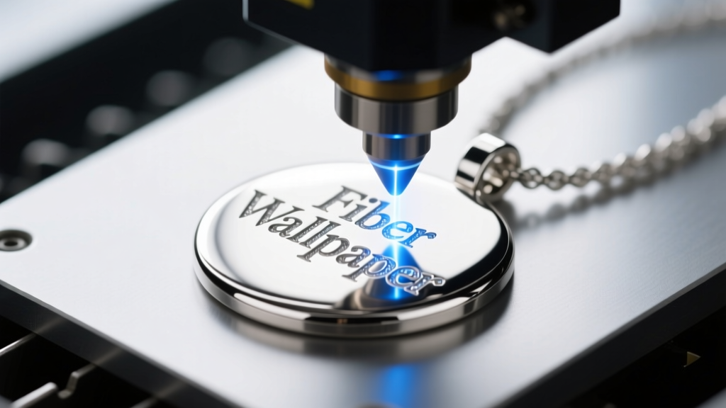 Close-up of a fiber laser machine engraving a sterling silver pendant, showing high-contrast sans-serif typography.