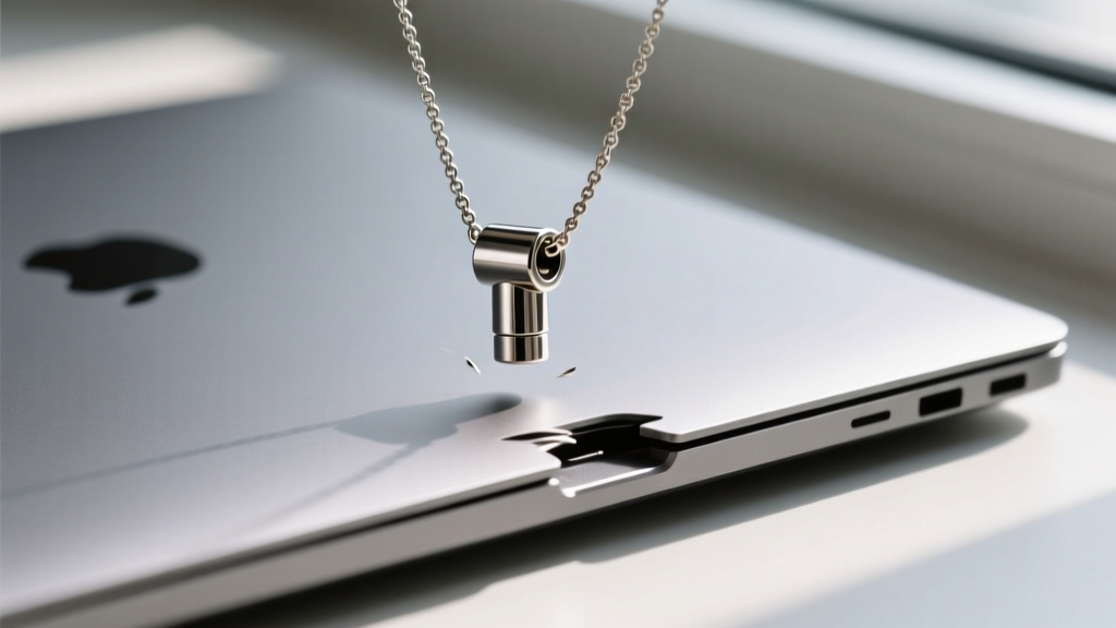 Top view of a magnetic neodymium necklace clasp separating near a laptop, showing the risk of magnetic detachment during daily use.