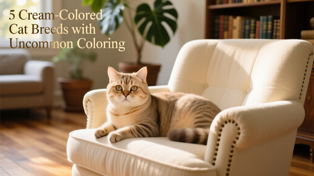 A cream-tabby British Shorthair lounging on a cozy armchair, showcasing its rounded face, dense coat, and gentle expression