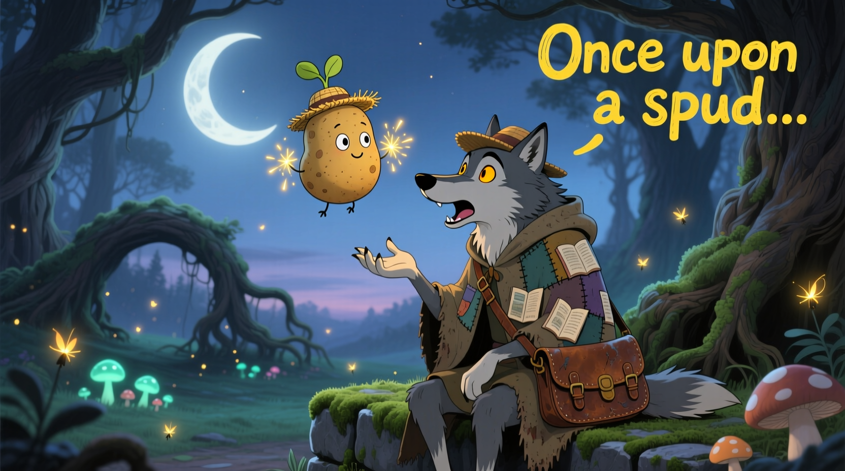 Illustration of wolf telling story with flying potato