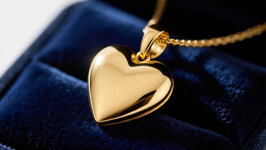 Close-up of a delicate 1960s 14k yellow gold heart pendant on dark velvet, showcasing its smooth polished surface and soldered loop bale