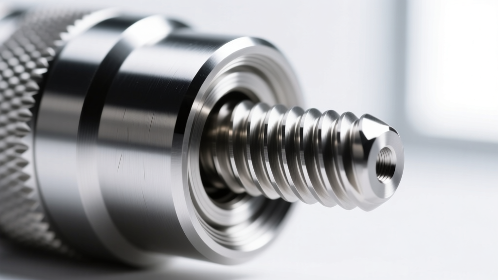 Macro view of internal threads on a titanium thistle post, showing precision machining details and a highly polished smooth finish