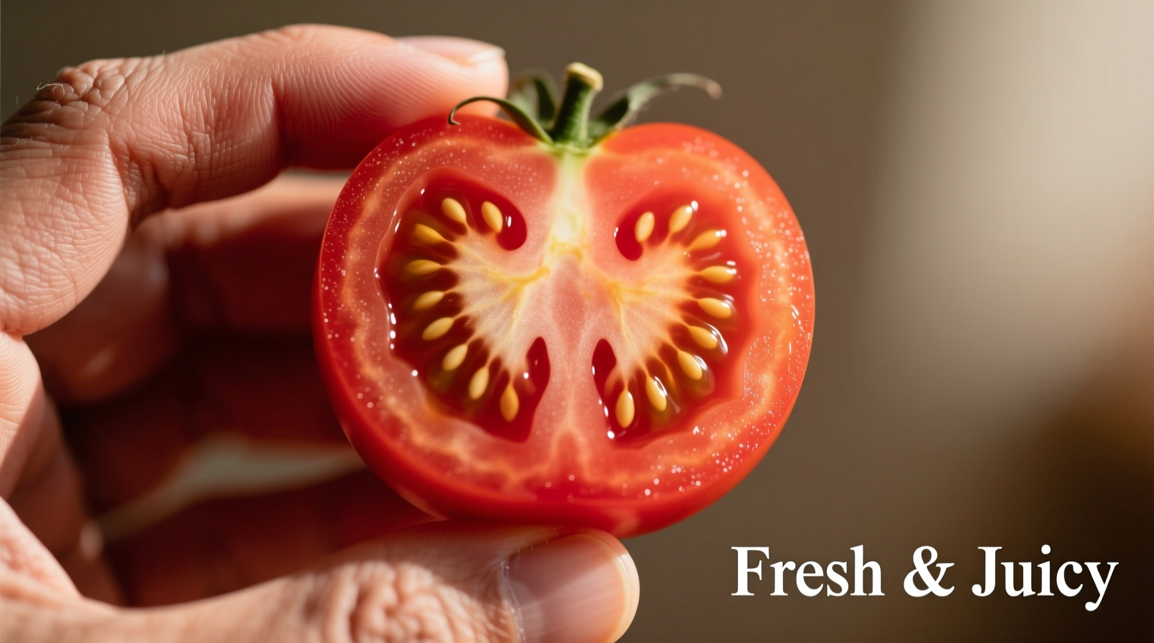 Hand holding tomato cut horizontally with seeds visible
