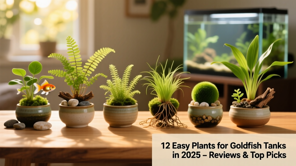 Side-by-side comparison of six healthy goldfish-tank plants in small pots and aquascaped arrangements